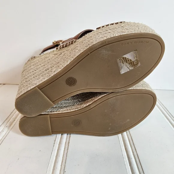 Tory Burch Selby 105 Wedge Espadrille Sandals 6.5 Leather Platform Logo Buckle - Picture 11 of 14
